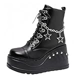 Maimeili Botas de combate góticas de fondo grueso para mujeres, ataduras de alas de murciélago, botas de tobillo con hebillas, botas de motocicleta con clavos de moda de fondo grueso