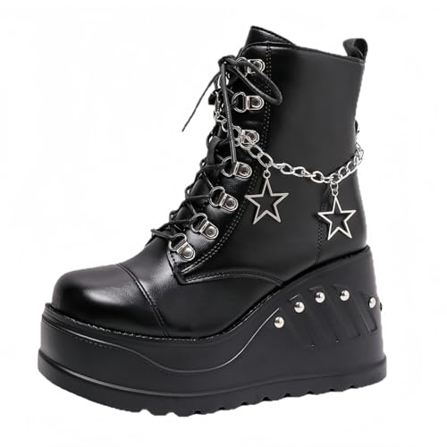 Maimeili Women's Gothic Platform Combat Boots with Bat Wings Laced with Buckle Straps, Hollow Out Black, 4 UK