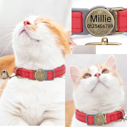 SEOUGEE Katzenhalsband aus echtem Leder, Schnellverschluss mit personalisiertem Namensschild, abreißbare Kätzchen-Halsbänder mit abnehmbaren Glöckchen und Sicherheitsverschluss, gravierte Schnalle,