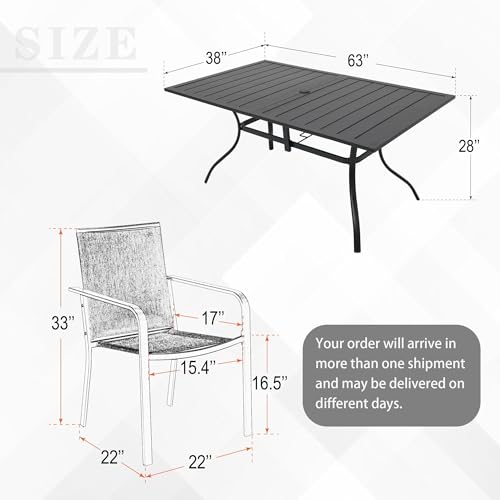 Image of Anmutig 7-Piece Outdoor Dining Set, Powder Coated Steel Table with 6 Stackable Sling Chairs, 63 x 38 Inch Table Grey Fabric