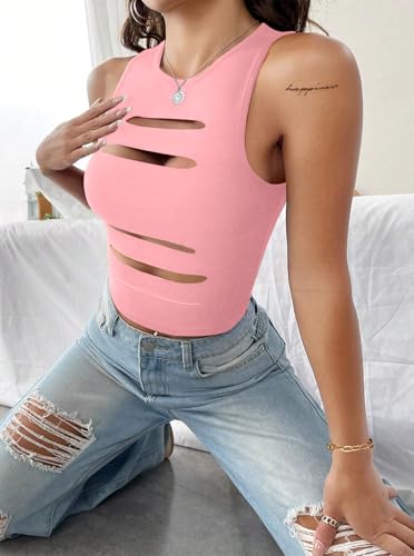 Image of LovelyWholesale Women Sexy Cut Out Crop Tank Tops Crew Neck Summer Sleeveless Top