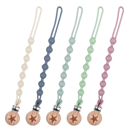 Maxentico 5 Piezas Chupetero de Silicona, Cadena Chupete Bebe, Porta Chupetes, Chupeteros para Bebes, Cuerda Prendedor Cuelga Chupete de Seguridad Chupete, Vaso, Mordedor o Juguete, 5 Colour