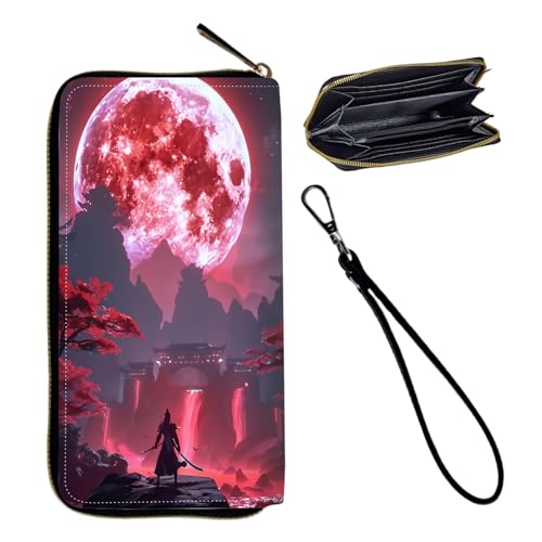 Wristlet Wallet for Women Teen Girls Womens Wallet RFID Blocking Credit Card Holder with Removable Wristlet,Leather Phone Wallet Clutch Large Capacity Ladies Travel Purs,Red Moon and Tree