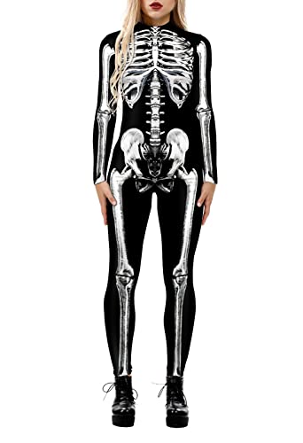 Fixmatti Womens Skeleton Costume Halloween Skull Onesie Adult Roseplay Bodysuit Jumpsuit Black L