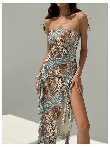 Image of WDIRARA Women's Strapless Leopard Print Ruffle Asymmetrical Pencil Maxi Dress