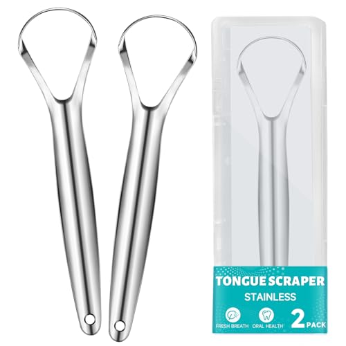 EZ COZY 2 Pack Tongue Scraper for Adults, Reduce Bad Breath, Tongue Cleaner with Travel Case, Stainless Steel Tongue Scrapers, Tongue Brush, Tongue Scrubber for Oral Care & Hygiene