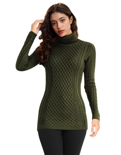 Image of v28 Women's Cotton Turtle Cowl Neck Aran Fishermen Fair Isle Cable Knit Sweater