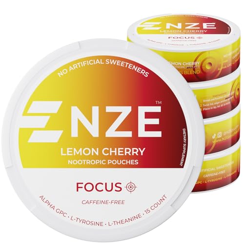 NZE Caffeine Free Nootropic Pouches (Lemon Cherry) - Nootropic Pouches with Alpha GPC L-Tyrosine & L-Theanine - No Sugar or Artificial Sweeteners - 15 Pouches Per Can - 5 Pack