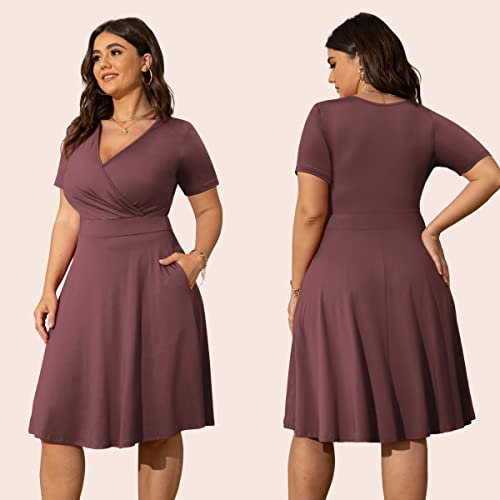 Image of POSESHE Womens Plus Size Dresses Summer Short Sleeve Wrap V-Neck Sundress Casual Wedding Guest Cocktail Dress with Pockets