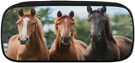 KAMUFF Horse PU Leather Quad Pen Case Zipper Pencil Pouch Holder for Pens Case Office Storage Box Organizer Pen Bag(8×1.5×3.5 IN)