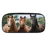KAMUFF Horse PU Leather Quad Pen Case Zipper Pencil Pouch Holder for Pens Case Office Storage Box Or
