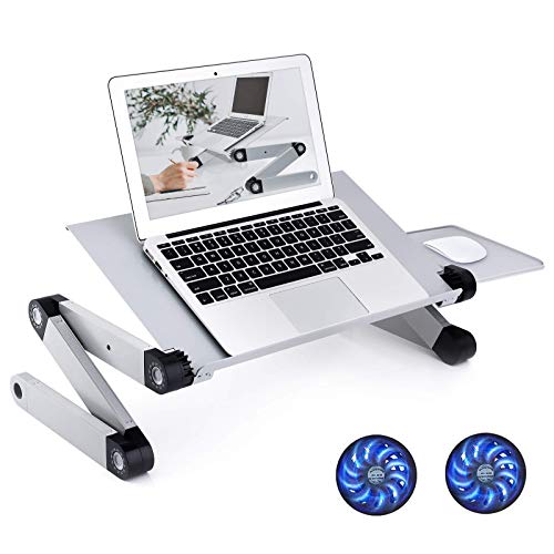 Adjustable Laptop Stand, Laptop Desk with 2 CPU Cooling USB Fans for Bed Aluminum Lap Workstation Desk with Mouse Pad, Foldable Cook Book Stand Notebook Holder Sofa, Bed Table Office Tray, Silver