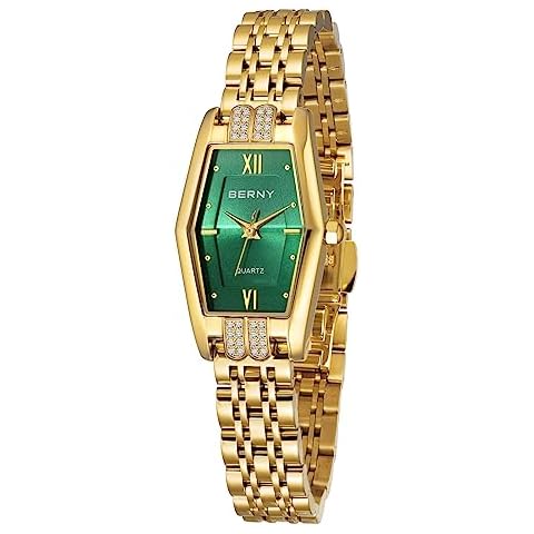 BERNY Gold Watches for Women Dainty Hexagon Ladies Quartz Wrist Watches Stainless Steel Band Fashion Analog Watch Luxury Bracelet(Green Dial) Cover