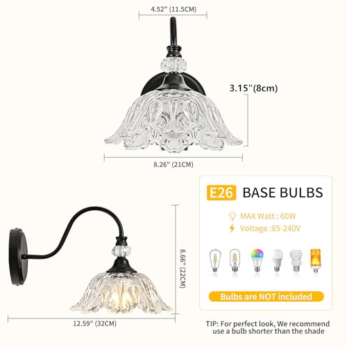 Image of 1 Piece Black Wall Sconce with Floral Clear Glass Shade, Black Farmhouse Wall Mount Lighting for Bathroom,Vintage Bathroom Vanity Light Fixture