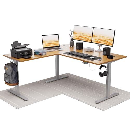 Image of Intellidesk Studio L Shaped Standing Desk Corner Electric Height Adjustable Standing Desk, Sit Stand Computer Workstation with 3-Stage Triple Motor System (White+Walnut, 70(M) * 30 * 70(R) Inches)