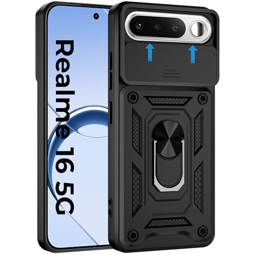 Image of A rtistque Armor Bumper Back Cover Case for Realme 16 5G | Ring Holder Stand | Sliding Camera Protection | Shockproof Heavy Duty Design | Realme 16 Back Cover - Black