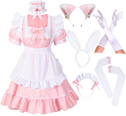 Irtysh Disfraz francés de animé para mujer, disfraz de conejito dulce kawaii, vestido de cosplay, guantes y orejas de gato peludo, conjunto de calcetines, Rosado, S