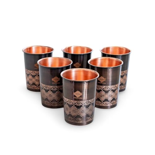 Image of INDIAN ART VILLA Copper Antique Dark Embossed Drinking Glass, Pure Copper Ayurvedic Water Tumbler for Home, Office, Restaurant Use, Traditional Drinkware Gift Item, 275 ML, Set of 6