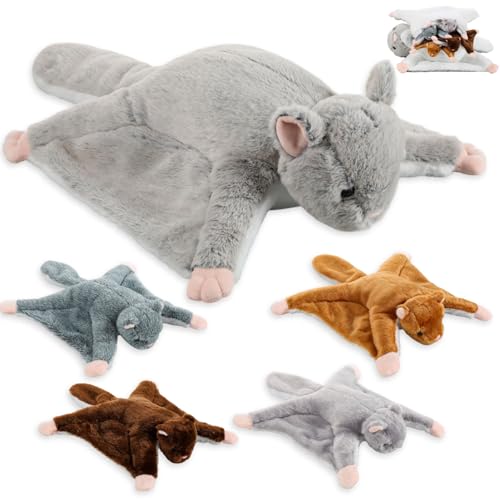 Civaner 5 Pcs Flying Stuffed Squirrel Animals Set 13 Inch Mommy Flying Plush Squirrel Toy with 4 Baby Stuffed Animals Soft Fluffy Plushies Dolls for Kids Adults Christmas Birthday Gifts
