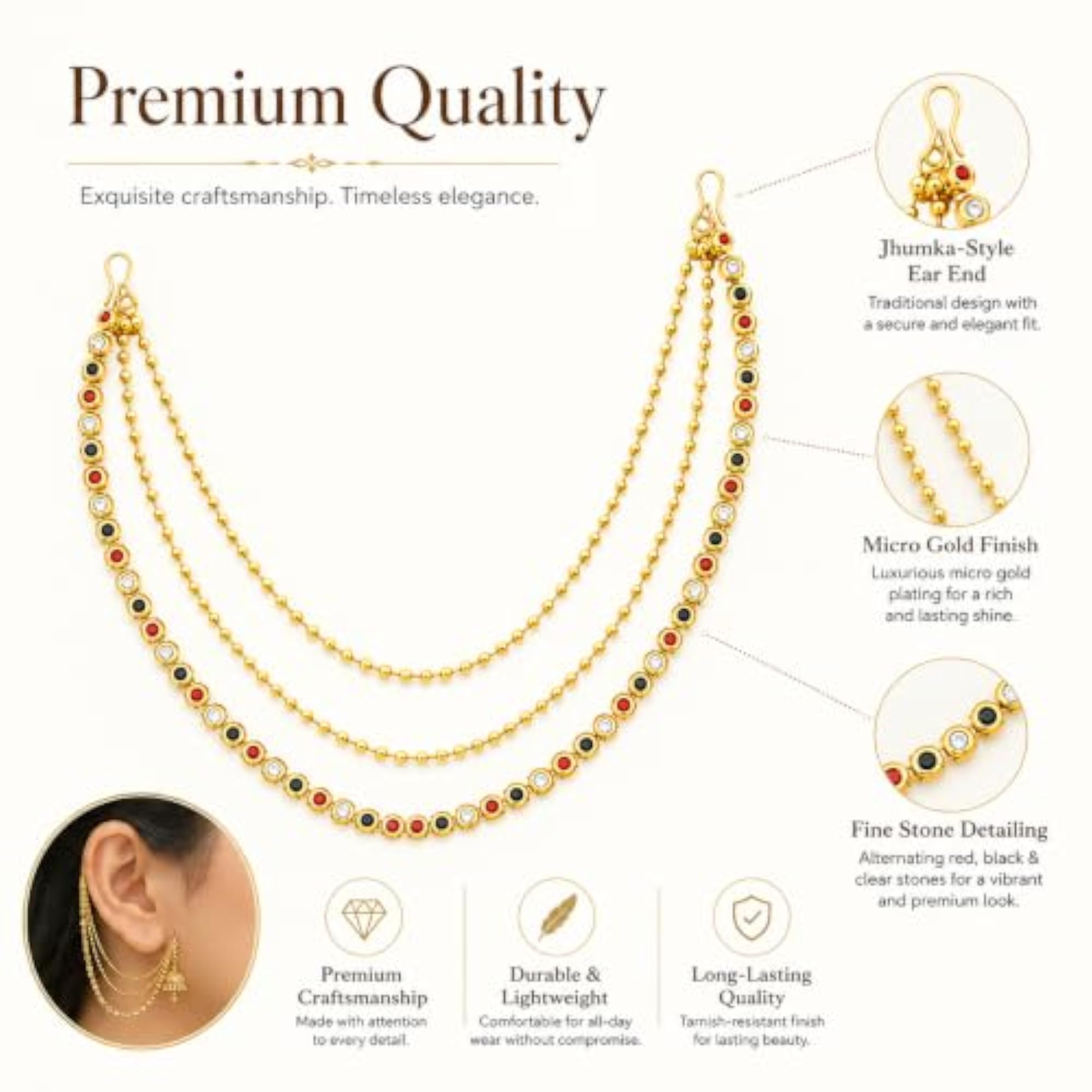 Traditional 3-Layer Ear Chains with Sparkling Multi-Color Stones