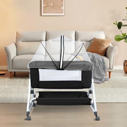Miniatura 9 de Ohmg Cuna De Noche 3 En 1, Cuna Portátil De Viaje Con Red Transpirable Y Colchón, Cama Portátil Ajustable Para Bebé, Niña Y Niño,Con Ajuste 5 Posiciones Negro 80x40x100-115cm