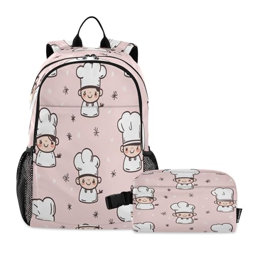Kids Backpack Cute Chef Icons Boys Girls School Backpack with Lunch Bag Bookbag Set for Elementary Middle School Teens