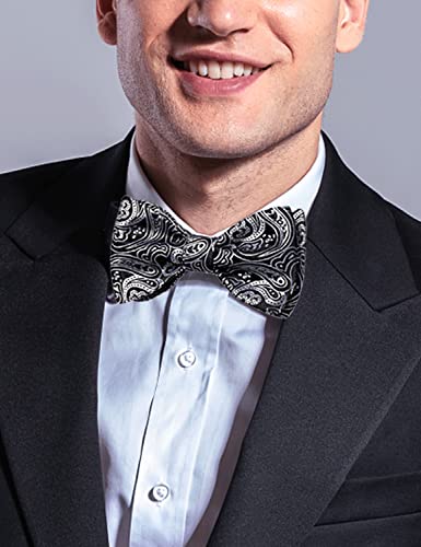 Image of DiBanGu Men Bow Tie Paisley Striped Self-Bow Tie for Men and Silk Woven Bowtie Pocket Square Cufflinks Wedding Party