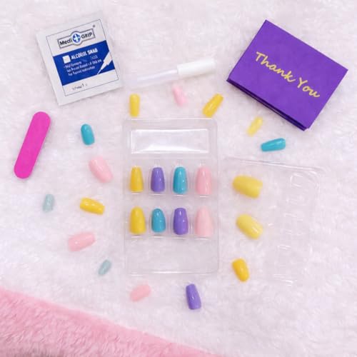 Image of Reusable Artificial Nails with Glue and Kit (Multicolor Pop - Long Alond)