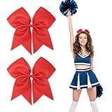 Red Cheer Large 8 Inch Hair Bows for Girls - Cheerleading, Cheerleaders, Softball Ponytail Holders, Scrunchies, and Hair Ties with Bows, 2 Pack