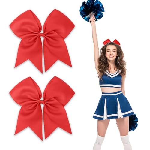 Red Cheer Large 8 Inch Hair Bows for Girls - Cheerleading Cheerleaders Softball Ponytail Holders Scrunchies and Hair Ties with Bows 2 Pack