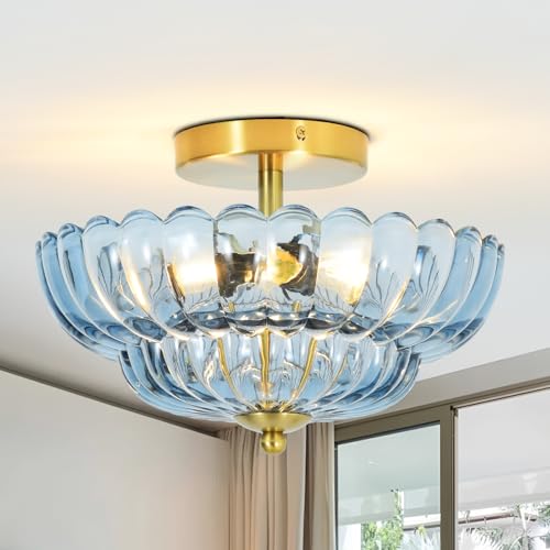 puncoll 11.8 inch Kitchen Ceiling Light, 3-Light Semi Flush Mount Ceiling Lamp with Flower Glass, Modern Close to Ceiling Light Fixtures for Bathroom Bedroom Hallway Entryway, Blue by puncoll - Used condition - Image 8