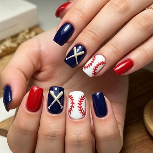 24Pcs Baseball Press on Nails Short Square Fake Nails with Baseball Bat Design Blue Red Glue on Nail Glossy Reusable Acrylic Artificial Nail Full Cover for Women Girls Nail Decorations