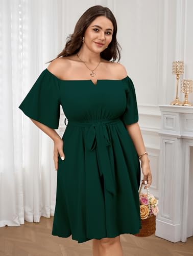 Image of SCOMCHIC Womens Plus Size Cocktail Dress Summer Off Shoulder Short Sleeve Flowy Ruffle A-Line Cute Mini Dress with Belt