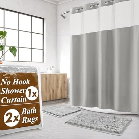 No Hook Shower Curtain Sets with Rugs - Gray Bathroom Rugs Sets 2 Piece and Snap in Liner Bathroom Curtains Shower Set, Light Grey Cover