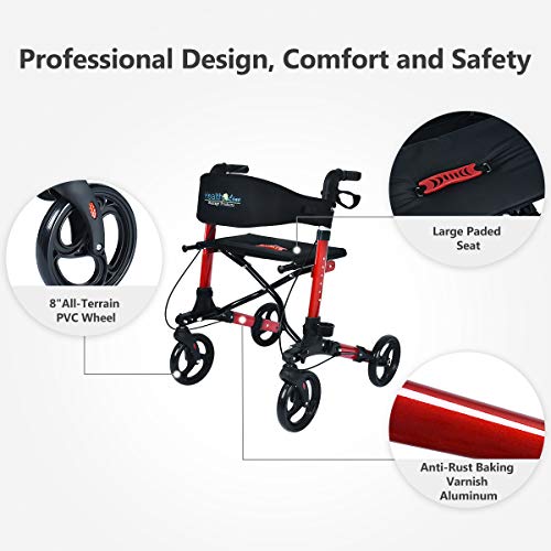 Health Line Massage Products Compact Rollator for Seniors, Aluminum Side-Fold Rolling Walker with Paded Seat, Cherry Red - Thumbnail 4