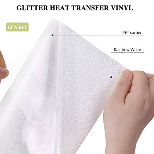 Htvront Rainbow White Glitter Htv Vinyl Roll-12" X 6 Ft White Glitter Heat Transfer Vinyl Bundle, White Glitter Iron On Vinyl For Cricut & Silhouette Cameo #TOP1