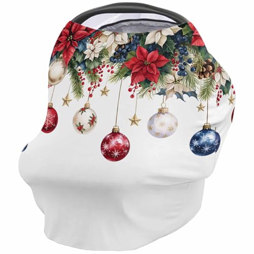 Nursing Cover for Breastfeeding Scarf, Merry Christmas Poinsettia Blue Berry Ball Baby Car Covers Super Soft Multi Use for Canopy Shopping Cart Cover Blanket Stroller Cover