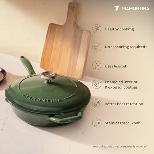 Image of TRAMONTINA Bestow Fry Pan 30 cm with Lid | Enameled Cast Iron Cookware | Even Heat Retention | Low Oil Healthy Cooking | No Seasoning Required | Stainless Steel Knob | All Cooktops Compatible | Green