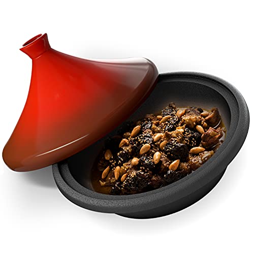 Kook Moroccan Tagine, Enameled Cast Iron Cooking Pot, Tajine With Ceramic Cone-Shaped Closed Lid, 3.3 Qt (Crimson) #TOP1