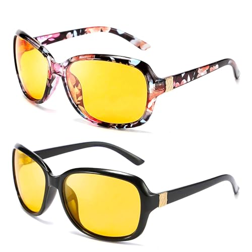 FEISEDY 2Pack Classic Womens Night Glasses Driving Anti Glare Wrap Around Yellow Sunglasses B2548