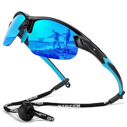 Bircenpro Polarised Sports Sunglasses for Men: TR90 UV400 Protection Cycling Glasses Lightwight for Running Fishing Golf Blue Lens