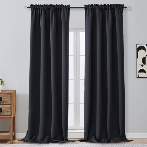 Image of Extra Long 10 FT Blackout Curtains for Patio 120 Inches Long 2 Panels Set, Solid Thermal Insulated Energy Saving Rod Pocket Window Treatment Curtains Blackout Drapes, W50xL120, Black