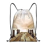 TOMPPY Bolsa de cordón con estampado de puente de madera viejo, mochila deportiva para gimnasio, bolsa de cuerda para hombres y mujeres, Negro, S