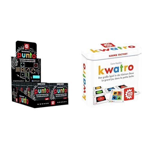 Game Factory 646214 Punto, Mini-Kartenspiel in handlicher Metalldose, Punkt zum Sieg & 646195 Kwatro, Mini-Kartenspiel in handlicher Metalldose, Legespiel-Mix für Kinder und Erwachsene, Reisespiel