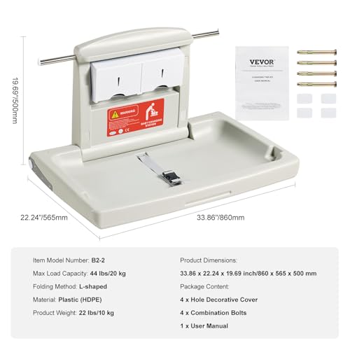 VEVOR Wall-Mounted Baby Changing Station, Horizontal Foldable Diaper Change Table with Safety Straps and Hanging Rods, Use in Commercial Bathrooms, Daycare Centers for Newborns & Infant by VEVOR - Image 7