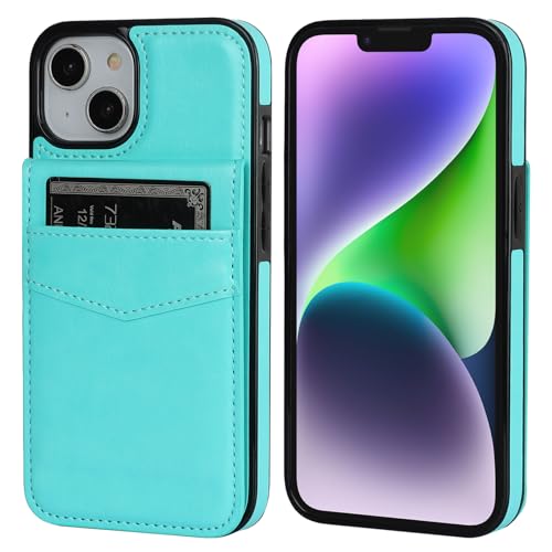 Image of KIHUWEY Compatible with iPhone 13 Case Wallet with Credit Card Holder, Premium Leather Magnetic Clasp Kickstand Heavy Duty Protective Cover for iPhone 13 6.1 inch(Light Blue)