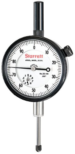 Starrett Dial Indicator, 25-441J WCSC – Lug On Center Back, Jeweled Bearings, 0-100 Reading, 0 - 1  Range, 0.001  Graduation, 0.375  White Stem Dial