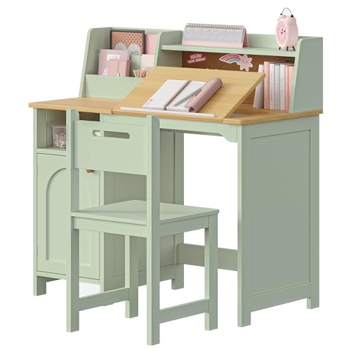 Image of Treocho Kids Study Desk and Chair Set, Kids Desk with Hutch and Tiltable Desktop for 3-8 Years Old, Wooden Children Study Table with Storage Cabinet, Student Writing Desks Bedroom, Home School, Green
