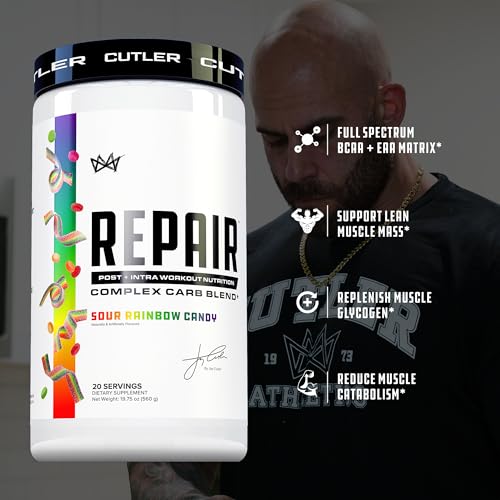 Image of Repair Post Workout Recovery Drink: Fast Absorbing Carbohydrates (Waxy Maize + Cluster Dextrin) and BCAA /EAA for Advanced Muscle Recovery, Sour Rainbow Candy, 20 Servings