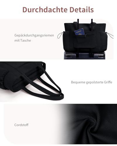 ECOHUB Sztruksowa Torebka Damska, Duża Torba na Zakupy z Zamkiem Błyskawicznym, Recyklowana Torba na Ramię z Przegrodą na laptopa 15,6”do Pracy, Uczelnię, w Podróży i Zakupy, Czarny